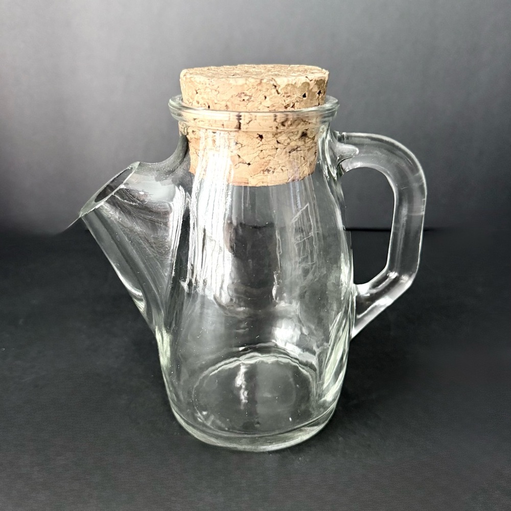 Vintage Wheaton Snub Nose Clear Thick Glass Cork Top Handled Candy Jar Pitcher